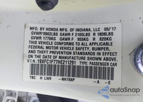 2017 Honda Civic Ex-L from USA, damaged, VIN 19XFC1F77HE211291